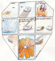 a comic formed like a gem, showing the process of refining from a rough rock to final product